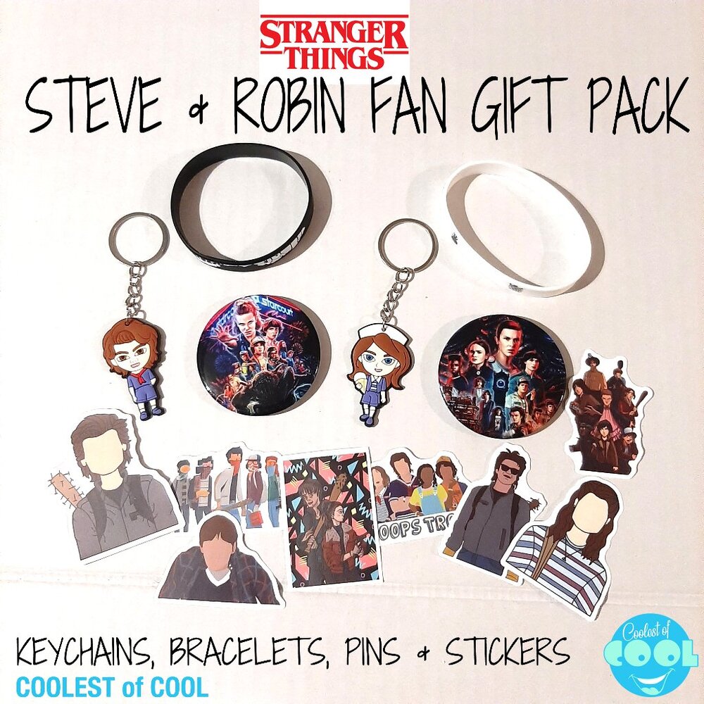 Stranger Things Steve & Robin Fan gift set 2 Keyrings Pins Bracelets an Stickers